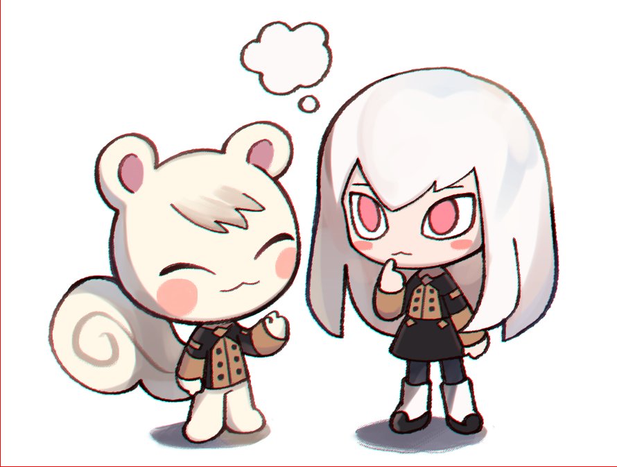 1boy 1girl animal animal_crossing animal_ears black_shirt black_skirt chibi closed_eyes crossover doubutsu_no_mori finger_to_mouth fire_emblem fire_emblem:_three_houses friedbirdchips gold_trim human intelligent_systems jun_(doubutsu_no_mori) loli lysithea_von_ordelia mammal marshall_(animal_crossing) nintendo nintendo_ead no_nose pink_eyes rodent shirt skirt squirrel squirrel_ears squirrel_tail super_smash_bros. tail thought_bubble waving white_fur white_hair