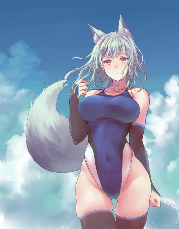 1girl animal_ear_fluff animal_ears black_legwear blue_sky blue_swimsuit breasts bridal_gauntlets clouds competition_swimsuit covered_navel cowboy_shot fox_ears fox_girl fox_tail highleg highleg_swimsuit large_breasts long_hair looking_at_viewer one-piece_swimsuit original sawaya_(mizukazu) silver_hair sky solo standing swimsuit tail thigh-highs yellow_eyes