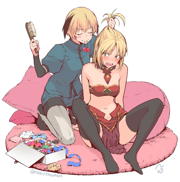 2girls bandeau black_legwear blonde_hair blue_ribbon blush blush_stickers box cushion detached_collar fate/apocrypha fate/grand_order fate_(series) gareth_(fate/grand_order) hair_bobbles hair_brush hair_ornament hair_tie_in_mouth hairdressing holding kneeling mordred_(fate) mordred_(fate)_(all) mouth_hold multiple_girls navel nekotawawa no_shoes pantyhose pillow ribbon rug scrunchie_removed siblings signature sisters sitting spread_legs thigh-highs tying_hair v-shaped_eyebrows