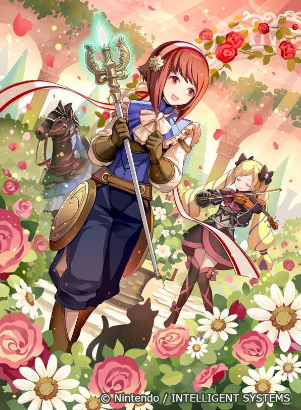 2girls black_bow black_gloves blonde_hair bow brown_gloves cat closed_eyes closed_mouth company_name copyright_name dress elise_(fire_emblem) fire_emblem fire_emblem_cipher fire_emblem_fates flower gloves hair_bow hairband holding holding_staff horse instrument konfuzikokon long_hair multicolored_hair multiple_girls official_art open_mouth petals pink_eyes pink_hair purple_hair sakura_(fire_emblem) short_hair smile staff twintails violin white_hairband