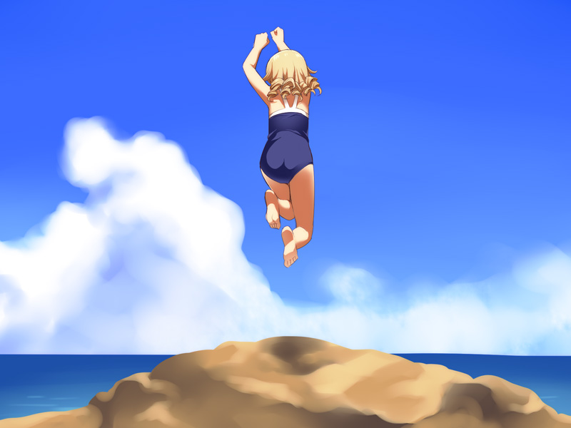 1girl arms_up ass bare_arms bare_legs bare_shoulders barefoot blue_sky blue_swimsuit clouds day halterneck horizon idolmaster idolmaster_cinderella_girls jumping light_brown_hair long_hair morikubo_nono ocean one-piece_swimsuit outdoors ringlets sky soles solo swimsuit ushi water