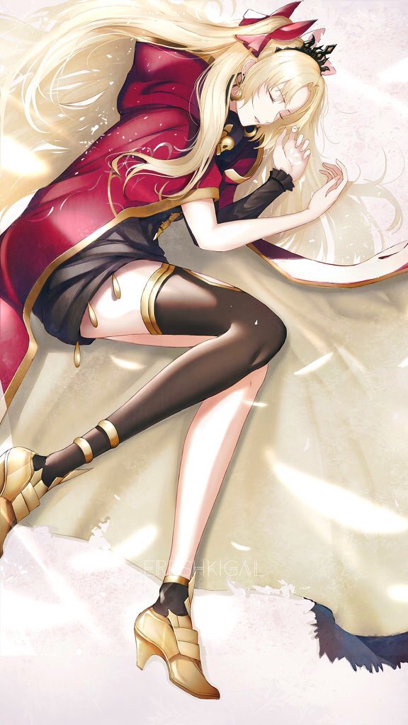 1girl asymmetrical_legwear bangs black_dress black_legwear blonde_hair cape character_name closed_eyes closed_mouth commentary_request dress earrings ereshkigal_(fate/grand_order) eyebrows_visible_through_hair fate/grand_order fate_(series) hair_ribbon hood hood_down hooded_cape infinity jewelry light_smile long_hair long_sleeves lying marumoru on_side parted_bangs red_cape red_ribbon ribbon single_sleeve single_sock single_thighhigh skull socks solo thigh-highs tiara two_side_up very_long_hair