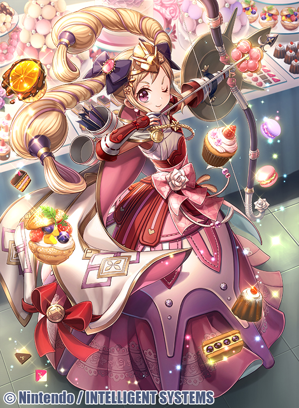 1girl arrow black_bow blonde_hair bow bow_(weapon) cake closed_mouth company_name copyright_name cupcake doughnut dress elise_(fire_emblem) fire_emblem fire_emblem_cipher fire_emblem_fates food full_body fumi_(butakotai) hair_bow holding_bow long_hair macaron multicolored_hair official_art one_eye_closed pudding purple_hair quiver smile solo twintails violet_eyes weapon