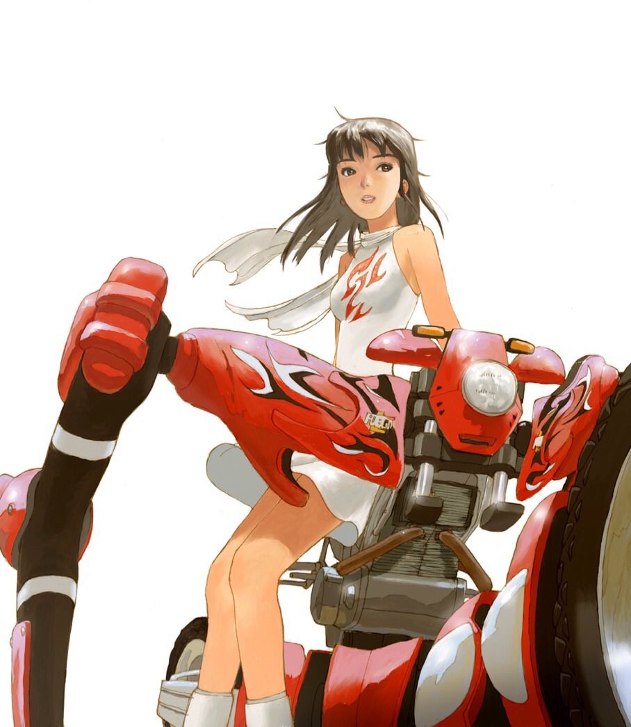 1girl bangs bare_shoulders breasts brown_hair dress engine flame_print floating_hair fuego ground_vehicle kasahara_tetsurou looking_afar mecha medium_breasts medium_hair motor_vehicle motorcycle official_art ogata_rin parted_lips rideback scarf short_dress simple_background sitting sleeveless sleeveless_dress solo sundress white_background white_dress white_footwear white_scarf wind