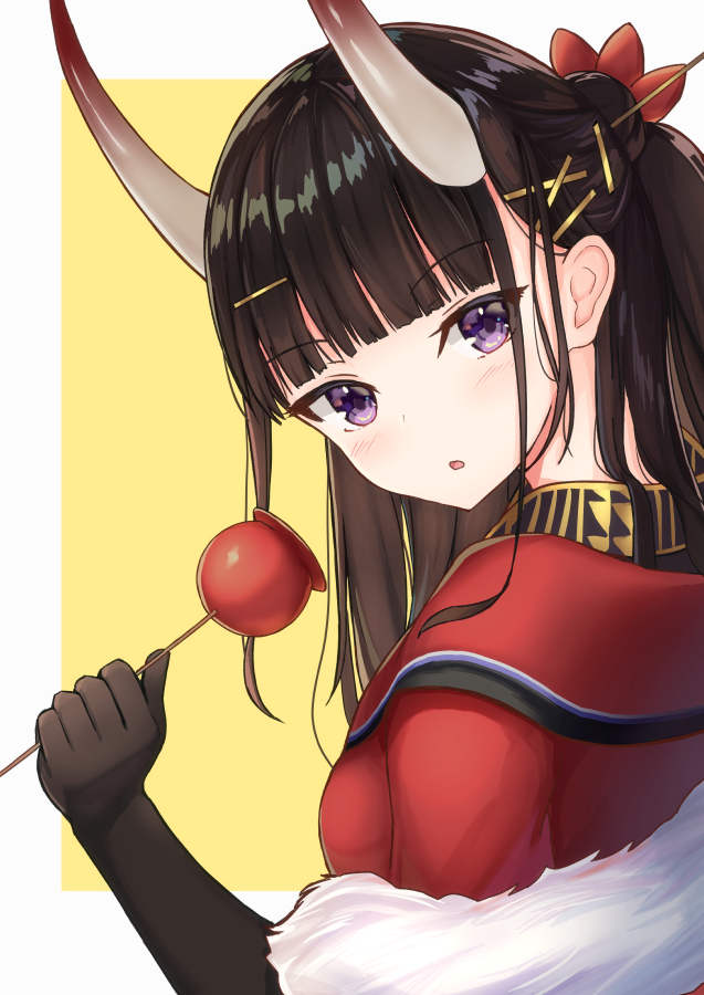 1girl azur_lane bangs black_gloves black_hair blunt_bangs blush breasts candy_apple elbow_gloves eyebrows_visible_through_hair flower food fur_trim gloves hair_flower hair_ornament hairclip japanese_clothes jori kimono long_hair looking_at_viewer medium_breasts new_year noshiro_(azur_lane) noshiro_(uncharted_festival_grounds?)_(azur_lane) oni_horns parted_lips red_kimono simple_background solo upper_body violet_eyes yellow_background