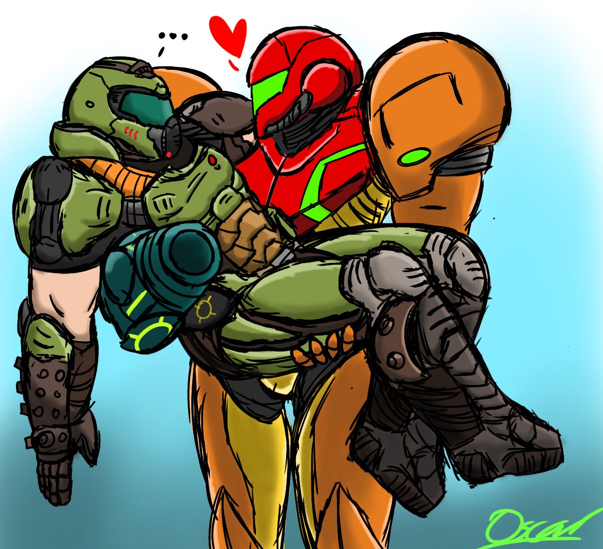 ... 1boy 1girl arm_cannon armor breastplate carrying doom_(game) doomguy gauntlets heart helm helmet hetero looking_at_another metroid oscar_(datonestarfox2) power_armor praetor_suit princess_carry samus_aran shoulder_armor shoulder_pads signature sketch standing varia_suit visor weapon