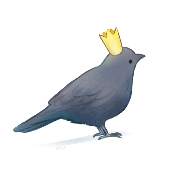 animal ayu_(mog) bird bird_focus black_bird clothed_animal crown from_side full_body no_humans original signature simple_background solo white_background
