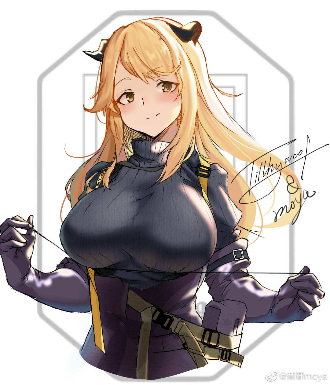 1girl arknights artist_name bangs belt belt_pouch black_gloves black_sweater blonde_hair blush breasts closed_mouth demon_horns elbow_gloves gloves highres horns large_breasts long_hair looking_at_viewer meteorite_(arknights) moyamoya_(moya11158375) pouch ribbed_sweater signature simple_background smile solo string sweater swept_bangs turtleneck turtleneck_sweater upper_body weibo_logo weibo_username white_background yellow_eyes