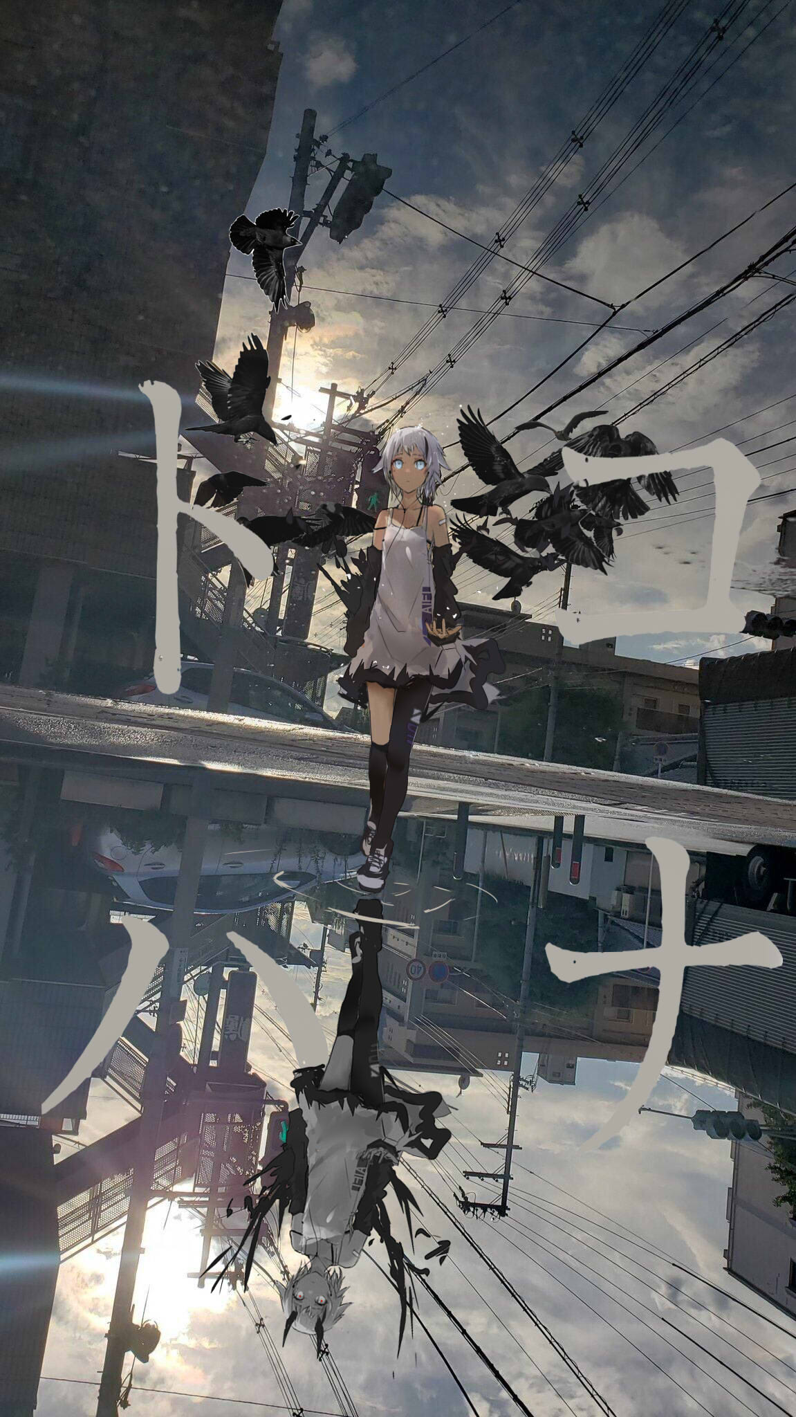 1girl aqua_eyes bangs bird building car city closed_mouth clouds crow day detached_sleeves dress ground_vehicle highres hzw3 lamppost looking_away motor_vehicle multicolored_hair original outdoors power_lines reflection reflective_water ripples road road_sign scenery shoes short_hair sign single_thighhigh sky sleeveless sleeveless_dress sneakers stairwell streaked_hair sun thigh-highs walking walking_on_liquid white_dress white_hair wide_shot