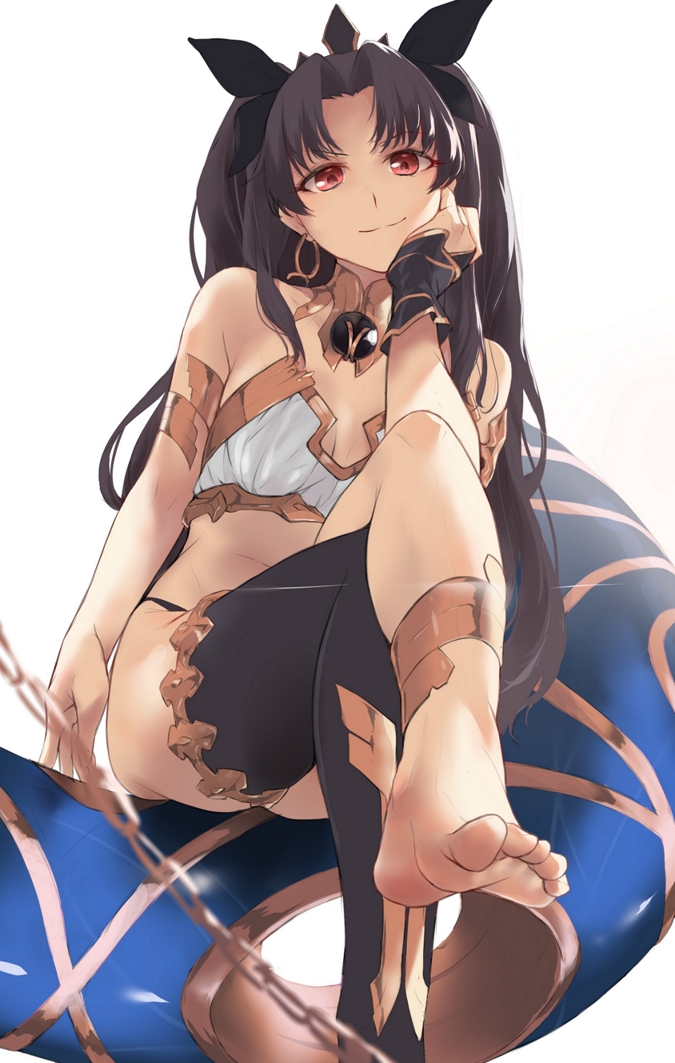 1girl anklet armlet asymmetrical_legwear asymmetrical_sleeves bangs barefoot black_bikini_bottom black_bow black_hair bow breasts bridal_gauntlets chain closed_mouth crossed_legs den_(kur0_yuki) detached_collar detached_sleeves earrings fate/grand_order fate_(series) feet gold_trim hair_bow heavenly_boat_maanna hoop_earrings ishtar_(fate)_(all) ishtar_(fate/grand_order) jewelry legs long_hair looking_at_viewer medium_breasts neck_ring parted_bangs red_eyes simple_background single_detached_sleeve single_thighhigh sitting smile solo thigh-highs tiara toes two_side_up weapon white_background white_bikini_top