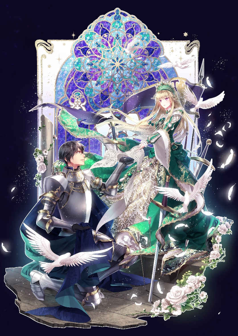 1boy 1girl armor bird black_hair blonde_hair breastplate cape copyright_request dove dress fantasy flower gold_trim green_dress green_headwear kneeling long_hair official_art outstretched_hand planted_sword planted_weapon purple_hair ran_(artist) stained_glass sword weapon white_feathers white_flower