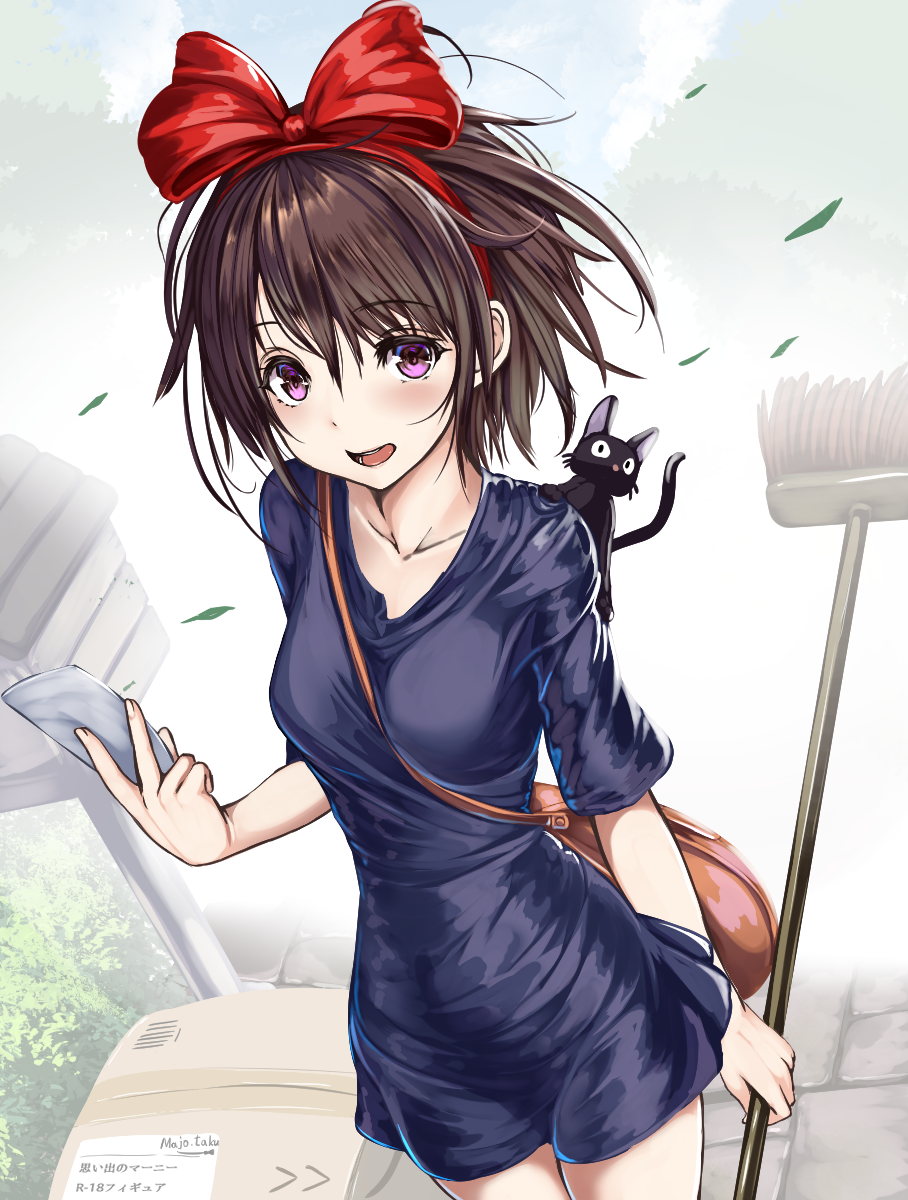 1girl animal_on_shoulder bag between_breasts black_cat black_dress black_hair blush bow box breasts broom cat cat_on_shoulder collarbone commentary_request cowboy_shot dress hair_bow hair_ribbon hairband highres holding holding_broom holding_paper jiji_(majo_no_takkyuubin) kiki looking_at_viewer majo_no_takkyuubin monikano note outdoors paper red_ribbon ribbon short_hair short_sleeves smile solo strap_between_breasts violet_eyes