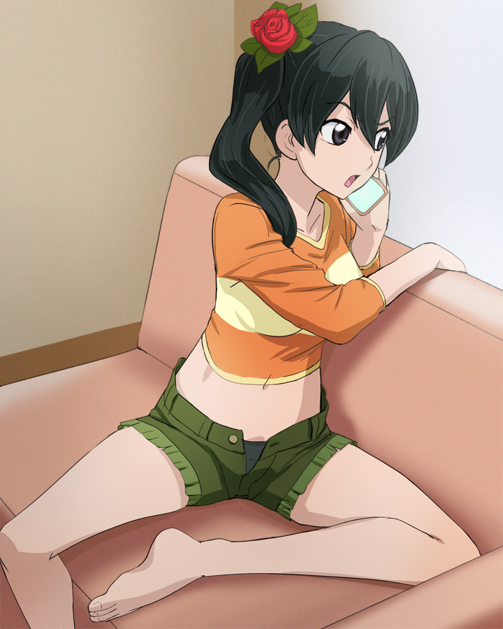 1girl barefoot black_eyes black_hair black_panties cellphone character_request couch flower gegege_no_kitarou green_shorts hair_between_eyes hair_flower hair_ornament haruyama_kazunori holding holding_phone legs long_hair midriff navel open_mouth panties phone red_flower red_rose rose shorts side_ponytail sitting solo unbuttoned unbuttoned_shorts underwear