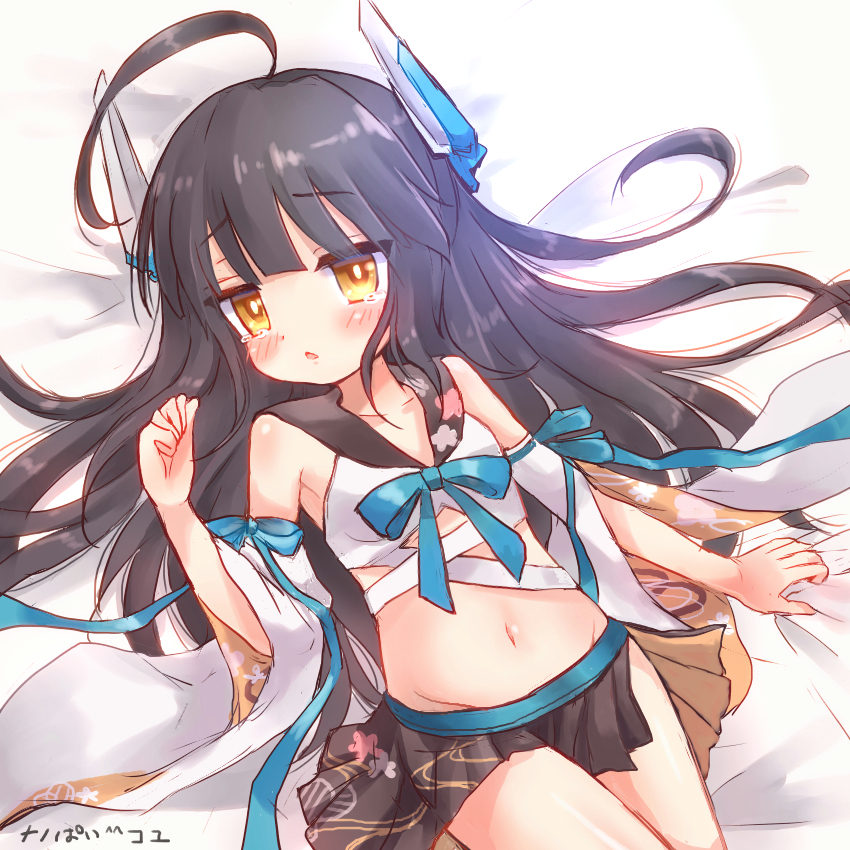 1girl ahoge azur_lane bangs bare_shoulders bed_sheet black_hair black_skirt blue_bow blush bow breasts brown_eyes clenched_hand collarbone crop_top detached_sleeves eyebrows_visible_through_hair groin headgear long_hair looking_at_viewer lying mechanical_horns nanopai_kakumeikokonoyu navel nowaki_(azur_lane) on_back parted_lips pleated_skirt sheet_grab skirt small_breasts solo tears translated very_long_hair white_sleeves yellow_eyes