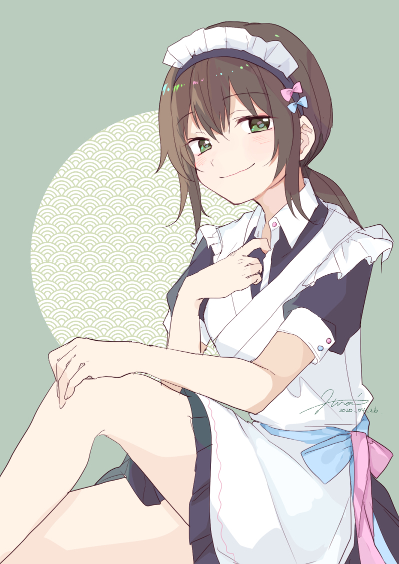 1girl alternate_costume apron brown_hair dated enmaided eyebrows_visible_through_hair fubuki_(kantai_collection) green_eyes hiroi09 kantai_collection looking_at_viewer low_ponytail maid maid_apron maid_headdress ponytail signature sitting smile solo