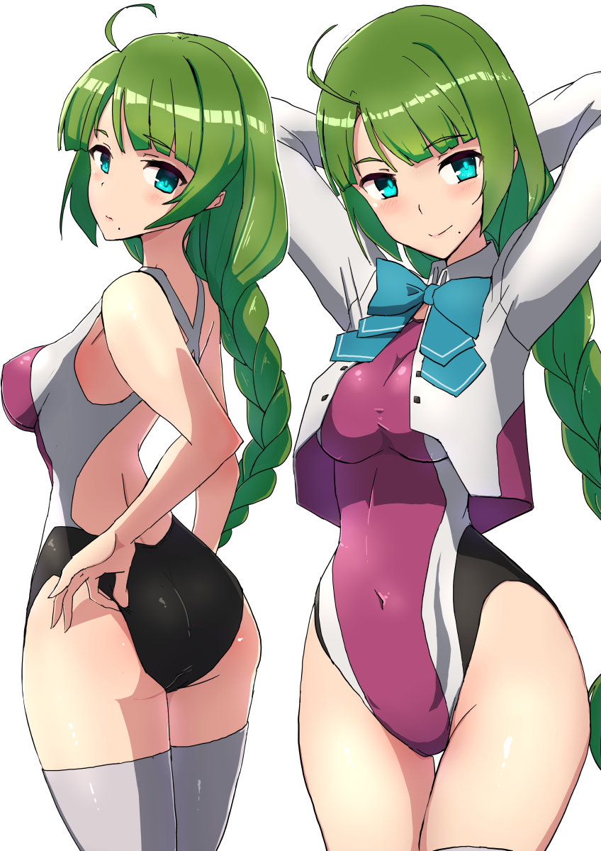 1girl adapted_costume ahoge aqua_eyes ass blazer braid comala_(komma_la) competition_swimsuit cowboy_shot green_hair grey_legwear highres jacket kantai_collection long_hair looking_at_viewer mole mole_under_mouth multicolored multicolored_clothes multicolored_swimsuit multiple_views one-piece_swimsuit remodel_(kantai_collection) simple_background single_braid swimsuit swimsuit_pull thigh-highs very_long_hair white_background yuugumo_(kantai_collection)