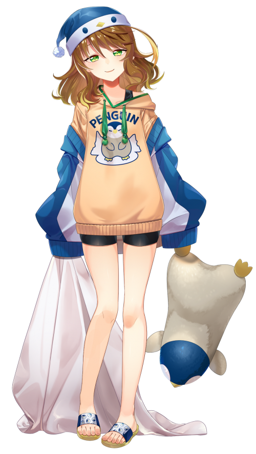 1girl amicia_michella artist_request bangs bike_shorts black_shorts blue_headwear blue_jacket blush closed_mouth collarbone full_body green_eyes holding holding_stuffed_animal jacket jacket_removed looking_at_viewer nijisanji nijisanji_id no_socks off_shoulder official_art orange_hoodie sandals shorts sleeves_past_wrists smile solo standing stuffed_animal stuffed_penguin stuffed_toy tachi-e transparent_background virtual_youtuber