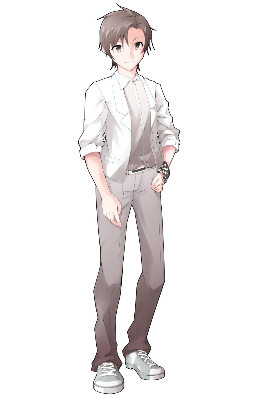 1boy blazer brown_eyes brown_hair cevio closed_mouth collared_shirt commentary_request dairi eyebrows_visible_through_hair full_body grey_footwear hand_on_hip highres jacket looking_at_viewer male_focus pants shirt shoes smile sneakers solo standing tachi-e takahashi_(cevio) transparent_background white_jacket white_shirt wing_collar