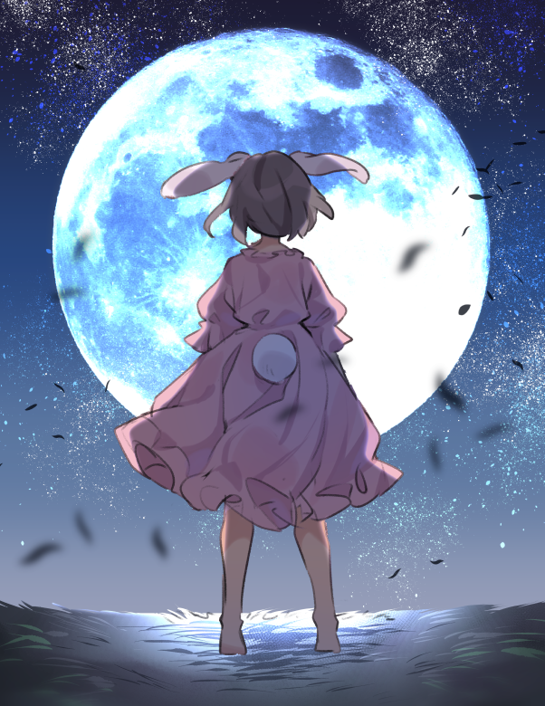 1girl akagashi_hagane animal_ears barefoot brown_hair bunny_tail commentary dress from_behind full_body full_moon inaba_tewi moon night outdoors pink_dress rabbit_ears short_hair short_sleeves sky solo standing star_(sky) starry_sky tail touhou wind wind_lift