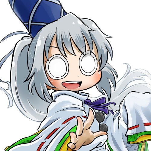 1girl avatar_icon chamaji commentary eyebrows_visible_through_hair eyes_visible_through_hair grey_hair hair_ribbon hat japanese_clothes kariginu looking_at_viewer lowres mononobe_no_futo neck_ribbon pom_pom_(clothes) ponytail ribbon ribbon-trimmed_sleeves ribbon_trim signature sleeves_past_fingers sleeves_past_wrists smile solo tate_eboshi touhou upper_body white_background wide_sleeves