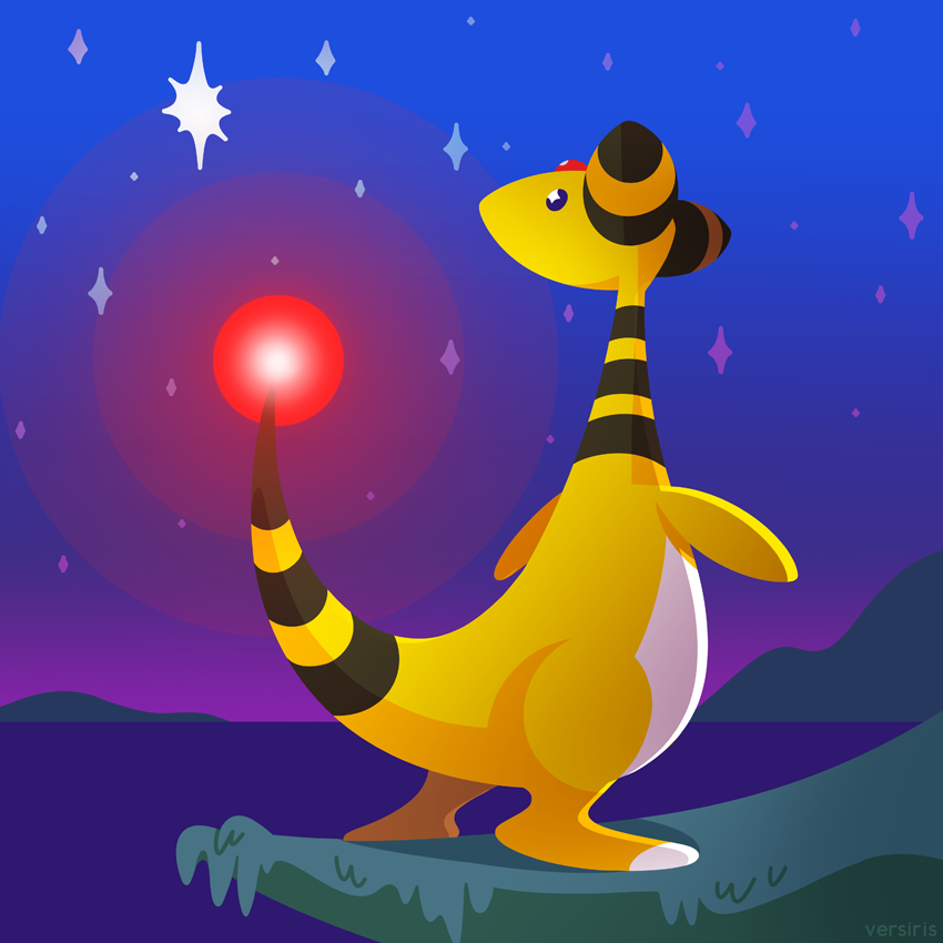 ampharos commentary commission creature english_commentary full_body gen_2_pokemon night night_sky no_humans outdoors pokemon pokemon_(creature) sky solo star_(sky) starry_sky versiris water