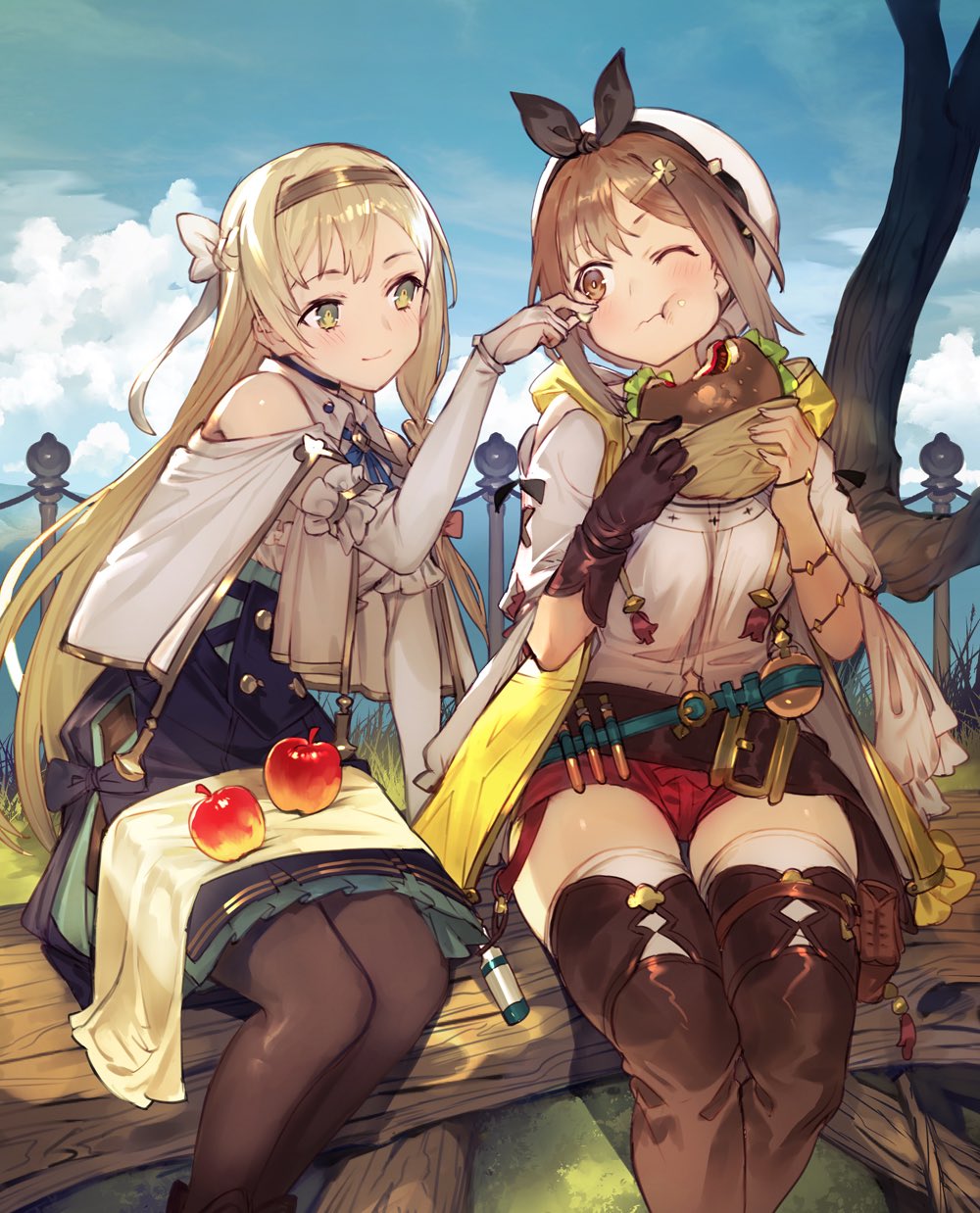 2girls ;t apple artist_request atelier_(series) atelier_ryza bare_shoulders belt belt_buckle beret black_gloves black_legwear black_ribbon blonde_hair blue_skirt blue_sky blush boots bow braid breasts brown_eyes brown_footwear brown_hair brown_hairband buckle capelet closed_mouth clouds commentary_request day eating feet_out_of_frame food food_on_face frilled_skirt frills fruit gloves green_eyes hair_bow hairband hamburger hat hat_ribbon high-waist_skirt highres holding holding_food hood hood_down klaudia_valentz long_hair looking_at_another looking_to_the_side medium_breasts multiple_girls official_art on_bench outdoors pantyhose railing red_shorts reisalin_stout ribbon round-bottom_flask shirt short_hair short_shorts short_sleeves shorts side_braid single_glove sitting skirt sky smile tassel test_tube thigh-highs thigh_boots thighhighs_under_boots toridamono tree very_long_hair wavy_mouth white_bow white_capelet white_headwear white_legwear white_shirt