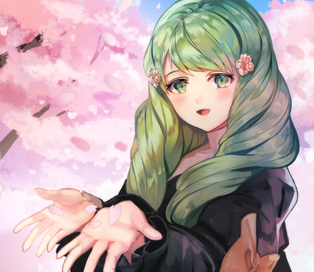 1girl bow cherry_blossoms fire_emblem fire_emblem:_three_houses flayn_(fire_emblem) garreg_mach_monastery_uniform green_eyes green_hair hair_ornament kokouno_oyazi long_hair long_sleeves open_mouth petals solo uniform upper_body