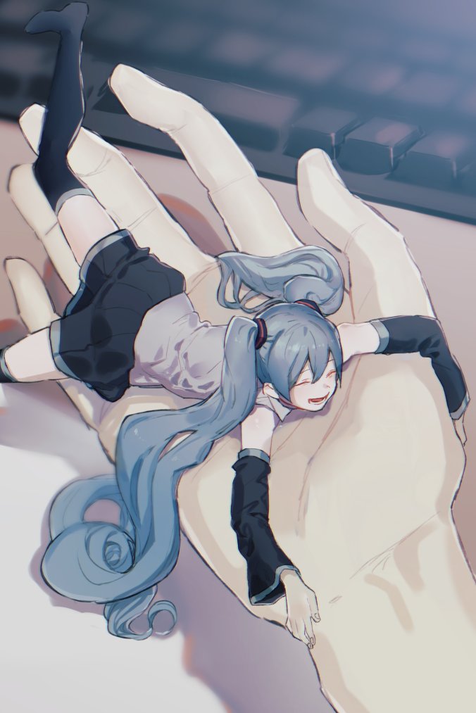 1girl aqua_hair black_legwear closed_eyes commentary detached_sleeves foot_out_of_frame hatsune_miku holding_person in_palm keshi keyboard_(computer) long_hair lying minigirl no_shoes on_stomach open_mouth pov pov_hands size_difference skirt sleeveless smile thigh-highs twintails very_long_hair vocaloid