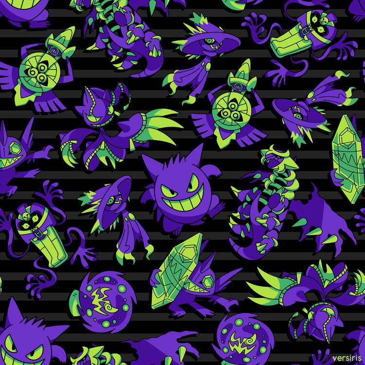 aegislash banette cofagrigus commentary creature english_commentary gen_1_pokemon gen_3_pokemon gen_4_pokemon gen_5_pokemon gen_6_pokemon gengar giratina legendary_pokemon mega_banette mega_pokemon mega_sableye mismagius no_humans pokemon pokemon_(creature) purple_theme sableye signature spiritomb striped striped_background versiris