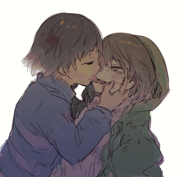 2others androgynous brown_hair chara_(undertale) closed_eyes frisk_(undertale) hood hoodie licking multiple_others open_mouth oshiruko_(tsume) queer shirt short_hair simple_background sketch storyshift striped striped_shirt striped_sweater sweater undertale