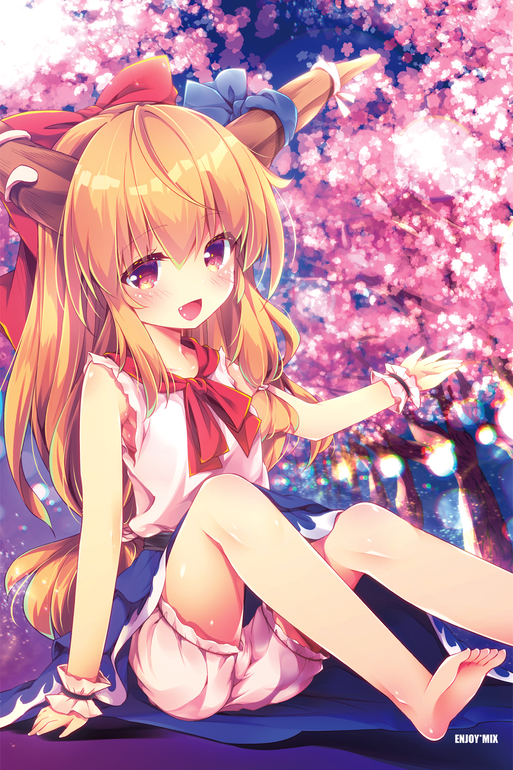 1girl arm_up armpit_peek artist_name bangs bare_arms bare_legs barefoot belt bloomers blue_skirt blue_sky blurry blurry_background blush bokeh bow cherry_blossoms commentary_request depth_of_field enjoy_mix eyebrows_visible_through_hair fang foot_out_of_frame hair_bow highres horn_ribbon horns ibuki_suika light_particles long_hair looking_at_viewer low-tied_long_hair neck_ribbon on_ground open_mouth orange_hair outdoors red_eyes red_neckwear ribbon shirt sitting skirt sky sleeveless sleeveless_shirt solo touhou tree underwear very_long_hair wrist_cuffs