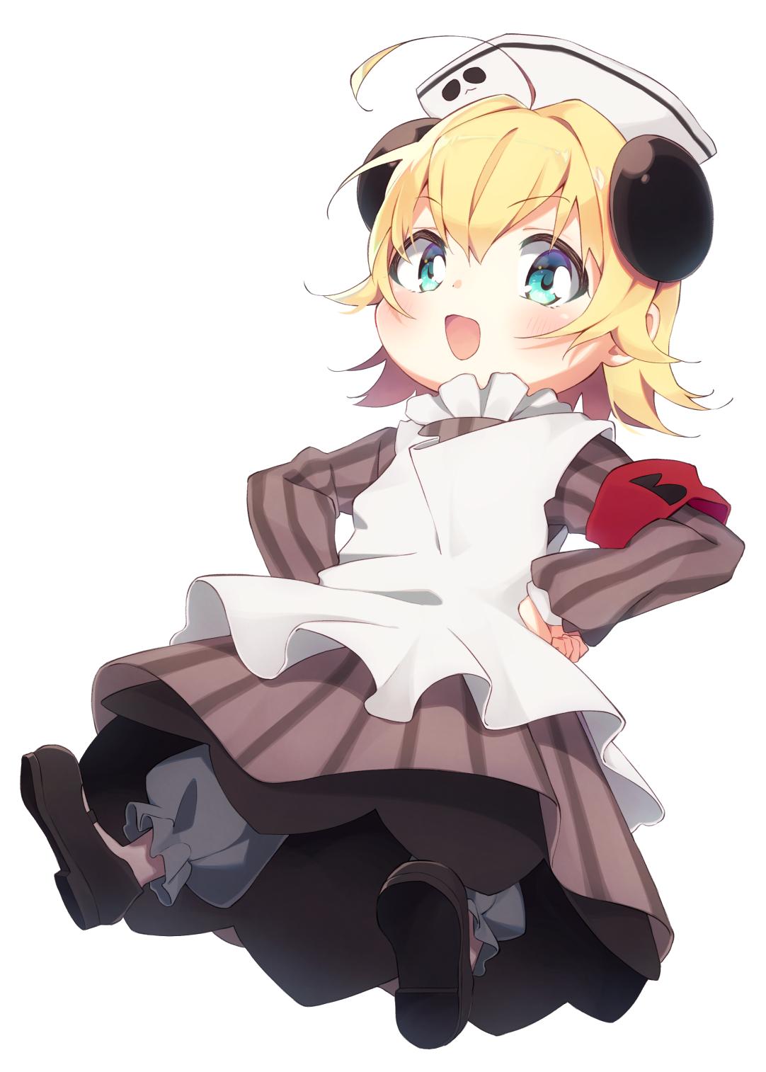 1girl :d ahoge aizaki_(aizkaizk) animal_ears apron armband black_footwear blonde_hair bloomers blue_eyes blush brown_dress commentary di_gi_charat dress eyebrows_visible_through_hair full_body hands_on_hips hat highres long_sleeves looking_at_viewer mary_janes open_mouth piyoko shoes short_hair simple_background smile solo striped underwear vertical-striped_dress vertical_stripes white_apron white_background