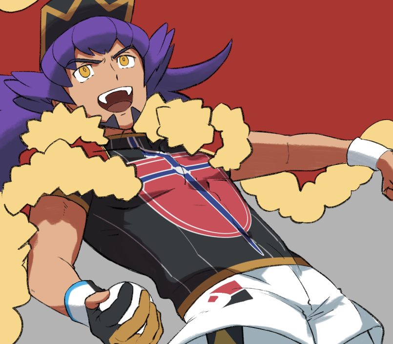 1boy :d bangs baseball_cap cape champion_uniform dark-skinned_male dark_skin dynamax_band facial_hair floating_cape fur-trimmed_cape fur_trim gloves hat holding holding_poke_ball leggings leon_(pokemon) long_hair male_focus morio_(poke_orio) open_mouth orange_eyes poke_ball pokemon pokemon_(game) pokemon_swsh purple_hair red_cape shield_print shirt short_shorts short_sleeves shorts single_glove smile solo sword_print tongue upper_teeth white_legwear white_shorts white_wristband yellow_eyes