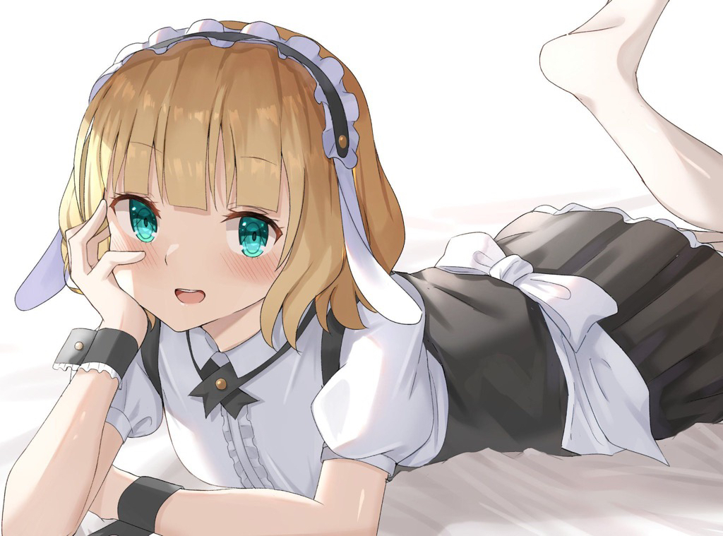 1girl aqua_eyes back_bow bangs bed_sheet black_neckwear black_ribbon black_skirt blonde_hair blunt_bangs bow collared_shirt dress_shirt eyebrows_visible_through_hair fleur_de_lapin_uniform gochuumon_wa_usagi_desu_ka? headdress kirima_sharo looking_at_viewer lying miniskirt neck_ribbon on_stomach pleated_skirt raru0310 ribbon shiny shiny_hair shiny_legwear shiny_skin shirt short_hair short_sleeves simple_background skirt solo the_pose white_background white_bow white_legwear white_shirt wing_collar wrist_cuffs