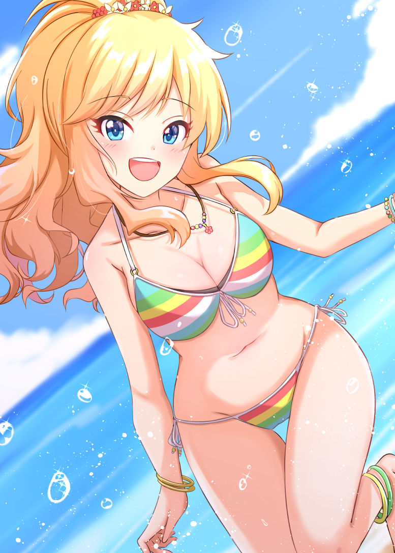 1girl :d anklet bangs bare_arms bare_legs bare_shoulders barefoot beach bikini blonde_hair blue_eyes blush bracelet breasts clouds eyebrows_visible_through_hair flower front-tie_bikini front-tie_top hair_flower hair_ornament halterneck idolmaster idolmaster_cinderella_girls idolmaster_cinderella_girls_starlight_stage jewelry large_breasts long_eyelashes long_hair looking_at_viewer namidako navel necklace ootsuki_yui open_mouth outdoors ponytail rainbow_bikini side-tie_bikini sky smile solo string_bikini striped striped_bikini swimsuit water_drop wide_hips