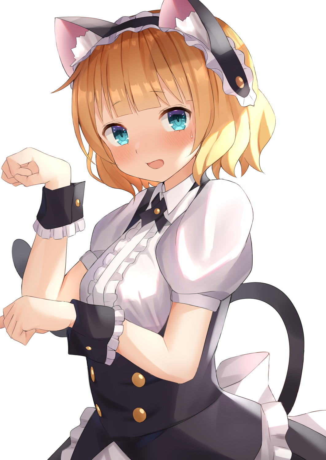 1girl adapted_costume animal_ears apron bangs black_neckwear black_ribbon blonde_hair blue_eyes blunt_bangs blush cat_ears cat_tail collared_shirt dress_shirt eyebrows_visible_through_hair fake_animal_ears fleur_de_lapin_uniform gochuumon_wa_usagi_desu_ka? headdress highres kirima_sharo looking_at_viewer neck_ribbon open_mouth paw_pose raru0310 ribbon shirt short_hair short_sleeves simple_background solo standing sweatdrop tail upper_body waist_apron white_apron white_background white_shirt wing_collar wrist_cuffs