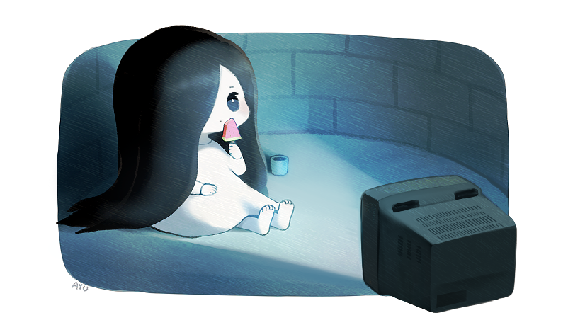 1girl ayu_(mog) barefoot black_eyes black_hair bright_pupils chibi crt dress food hair_over_one_eye long_dress long_hair looking_at_viewer popsicle signature sitting solo television_screen the_ring very_long_hair watermelon_bar well white_dress yamamura_sadako