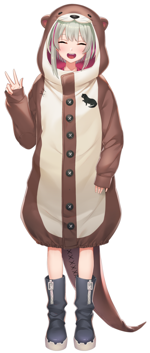 1girl artist_request bangs black_footwear blush boots buttons closed_eyes full_body green_hair long_sleeves miyu_ottavia multicolored_hair nijisanji nijisanji_id official_art onesie open_mouth otter_costume pink_hair sleeves_past_wrists smile standing streaked_hair tachi-e transparent_background virtual_youtuber w