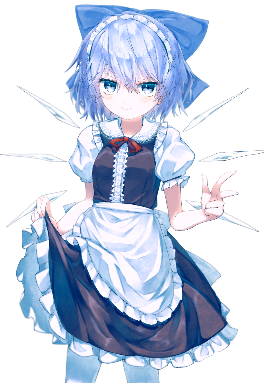 1girl alternate_costume apron arms_up black_skirt black_vest blue_bow blue_eyes blue_hair bow cirno commentary cowboy_shot enmaided hair_between_eyes hair_bow highres kisamu_(ksmz) lifted_by_self looking_at_viewer maid maid_headdress neck_ribbon pantyhose petticoat puffy_short_sleeves puffy_sleeves red_neckwear ribbon shirt short_hair short_sleeves simple_background skirt skirt_lift smile solo touhou vest w waist_apron white_background white_legwear white_shirt wings
