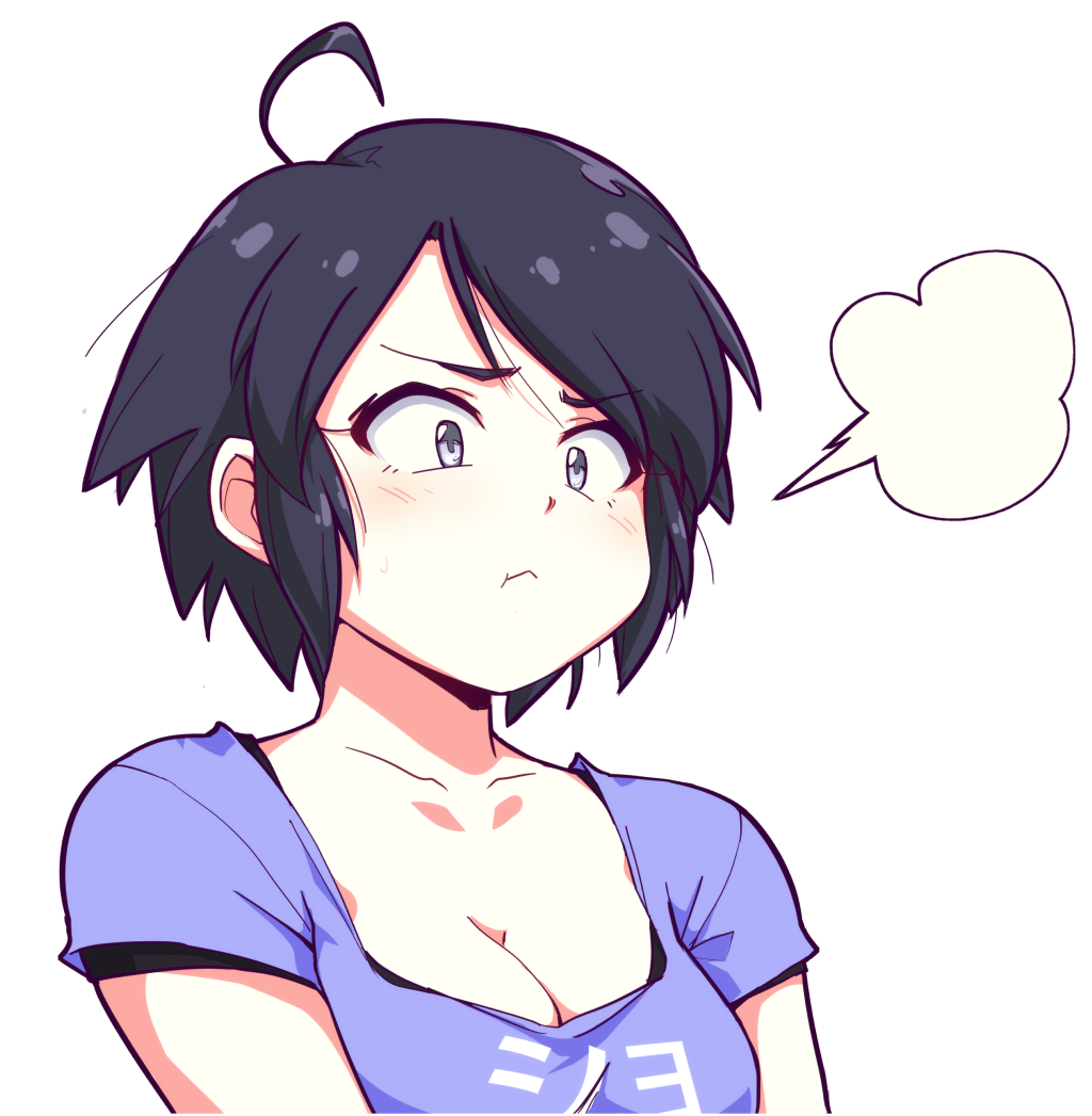 1girl ahoge black_hair blue_eyes blue_shirt clothes_writing collarbone english_text ledy original pout shirt sigh translation_request white_background