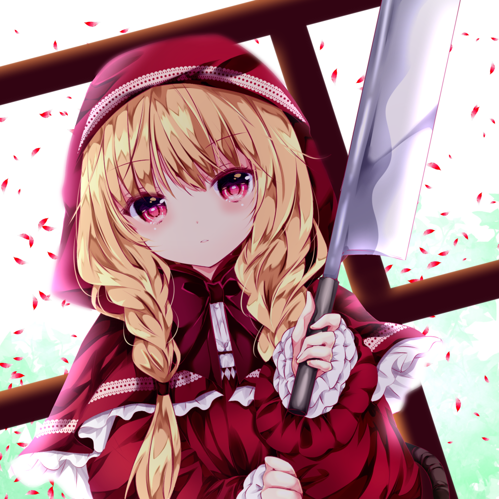 1girl basket blonde_hair braid clouds cloudy_sky commentary_request dress eyebrows_visible_through_hair hair_between_eyes holding little_red_riding_hood little_red_riding_hood_(grimm) long_sleeves looking_at_viewer nanase_nao petals railing red_dress red_eyes red_hood shiny shiny_hair sky solo twin_braids