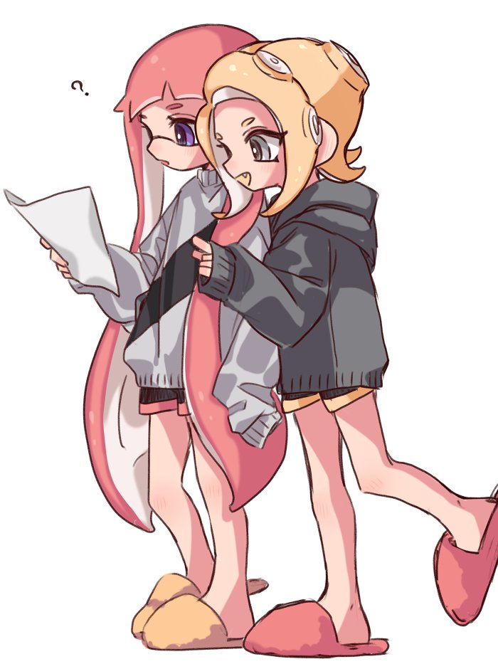 2girls ? bangs black_shorts black_sweater blonde_hair blue_eyes blunt_bangs commentary domino_mask fangs grey_eyes grey_sweater gym_shorts heel_up holding holding_paper hood hood_down hoodie inkling long_hair maco_spl makeup mascara mask medium_hair multiple_girls octarian octoling open_mouth paper pointy_ears sandals short_shorts shorts simple_background sleeves_past_fingers sleeves_past_wrists smile splatoon_(series) standing standing_on_one_leg suction_cups sweater tentacle_hair white_background yellow_tongue