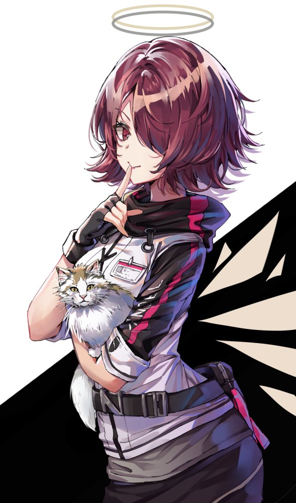 1girl animal arknights bangs belt belt_buckle black_gloves buckle cat elbow_gloves exusiai_(arknights) eyes_visible_through_hair finger_to_mouth fingerless_gloves gloves hair_over_one_eye hana09487817 light_smile looking_at_viewer messy_hair pet red_eyes redhead short_hair short_sleeves smile solo white_background