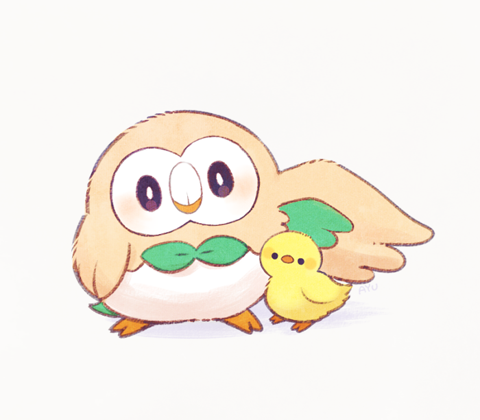 ayu_(mog) bird blush chick gen_7_pokemon looking_at_viewer no_humans pokemon pokemon_(creature) rowlet simple_background spread_wings white_background