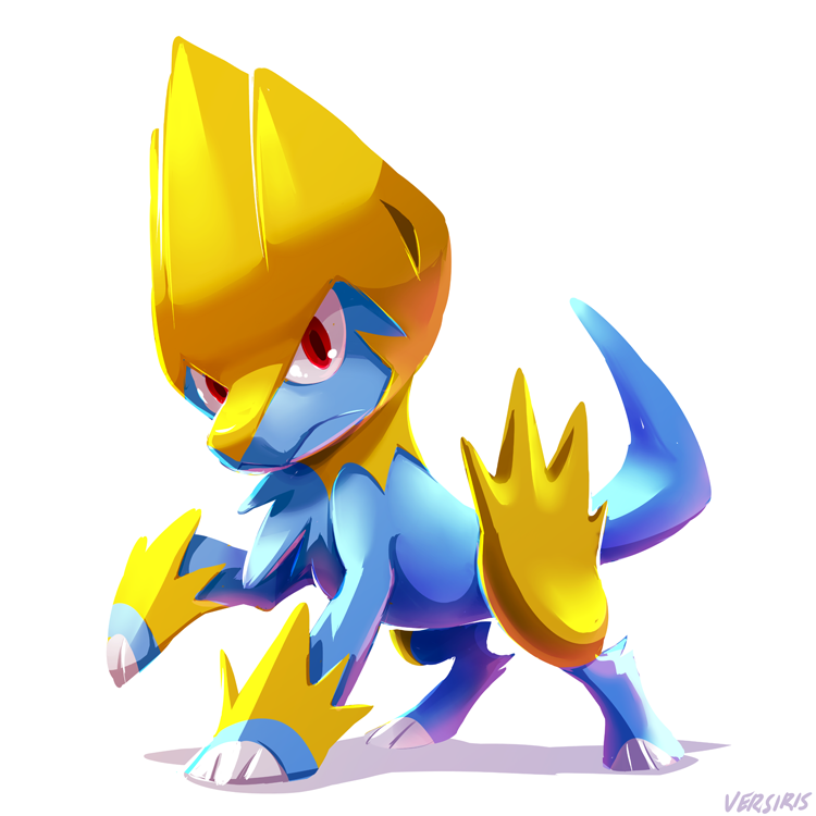 claws commentary creature dog dog_focus english_commentary full_body gen_3_pokemon manectric no_humans pokemon pokemon_(creature) red_eyes simple_background solo standing_on_three_legs versiris white_background