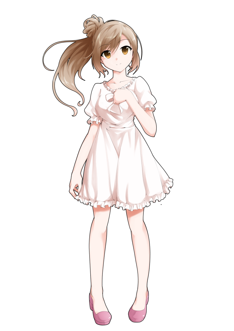 1girl breasts brown_eyes brown_hair cevio closed_mouth collarbone commentary_request dairi dress eyebrows_visible_through_hair full_body hair_bun hand_on_own_chest head_tilt highres long_hair looking_at_viewer pink_footwear puffy_short_sleeves puffy_sleeves satou_sasara shoes short_sleeves side_ponytail smile solo standing tachi-e transparent_background white_dress