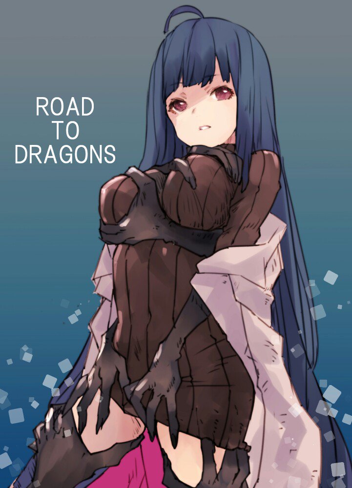 1girl ahoge bangs blue_hair blunt_bangs brown_sweater chobi_(sakuyasakuhana) covered_navel covered_nipples extra_arms eyebrows_visible_through_hair groping jacket long_hair multicolored multicolored_clothes pink_jacket road_to_dragons shaded_face solo sweat sweater turtleneck turtleneck_sweater very_long_hair white_jacket