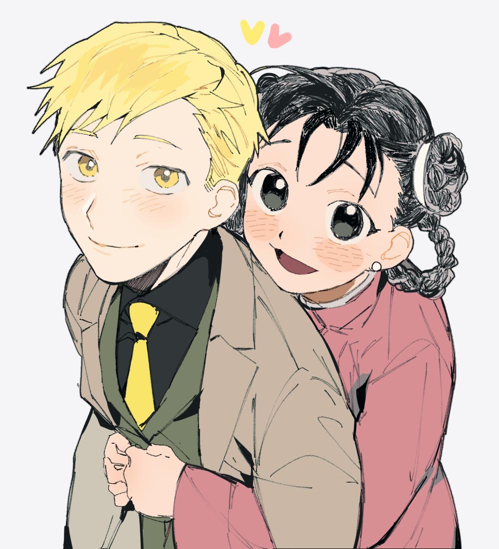 1boy 1girl :d alphonse_elric arms_around_waist arms_at_sides black_eyes black_hair black_shirt blonde_hair blush blush_stickers braid brown_coat chinese_clothes closed_mouth coat collared_shirt cu_churain curly_hair double_bun dress_shirt earrings eyelashes formal from_above fullmetal_alchemist green_vest grey_background hair_between_eyes happy heart hug hug_from_behind jewelry long_sleeves looking_at_viewer looking_up may_chang multiple_braids necktie open_mouth pink_shirt shirt simple_background smile upper_body vest yellow_eyes yellow_neckwear