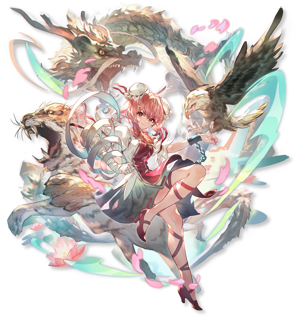 &gt;:) 1girl ahoge bandaged_arm bandages bangs bird chain commentary cuffs double_bun dragon eagle eastern_dragon eyebrows_visible_through_hair grey_skirt head_tilt high_heels highres ibaraki_kasen leg_ribbon looking_at_viewer miniskirt pink_hair puffy_short_sleeves puffy_sleeves red_eyes red_footwear red_ribbon ribbon shackles shirt short_hair short_sleeves simple_background skirt smile tabard tiger touhou uu_uu_zan v-shaped_eyebrows white_background white_shirt