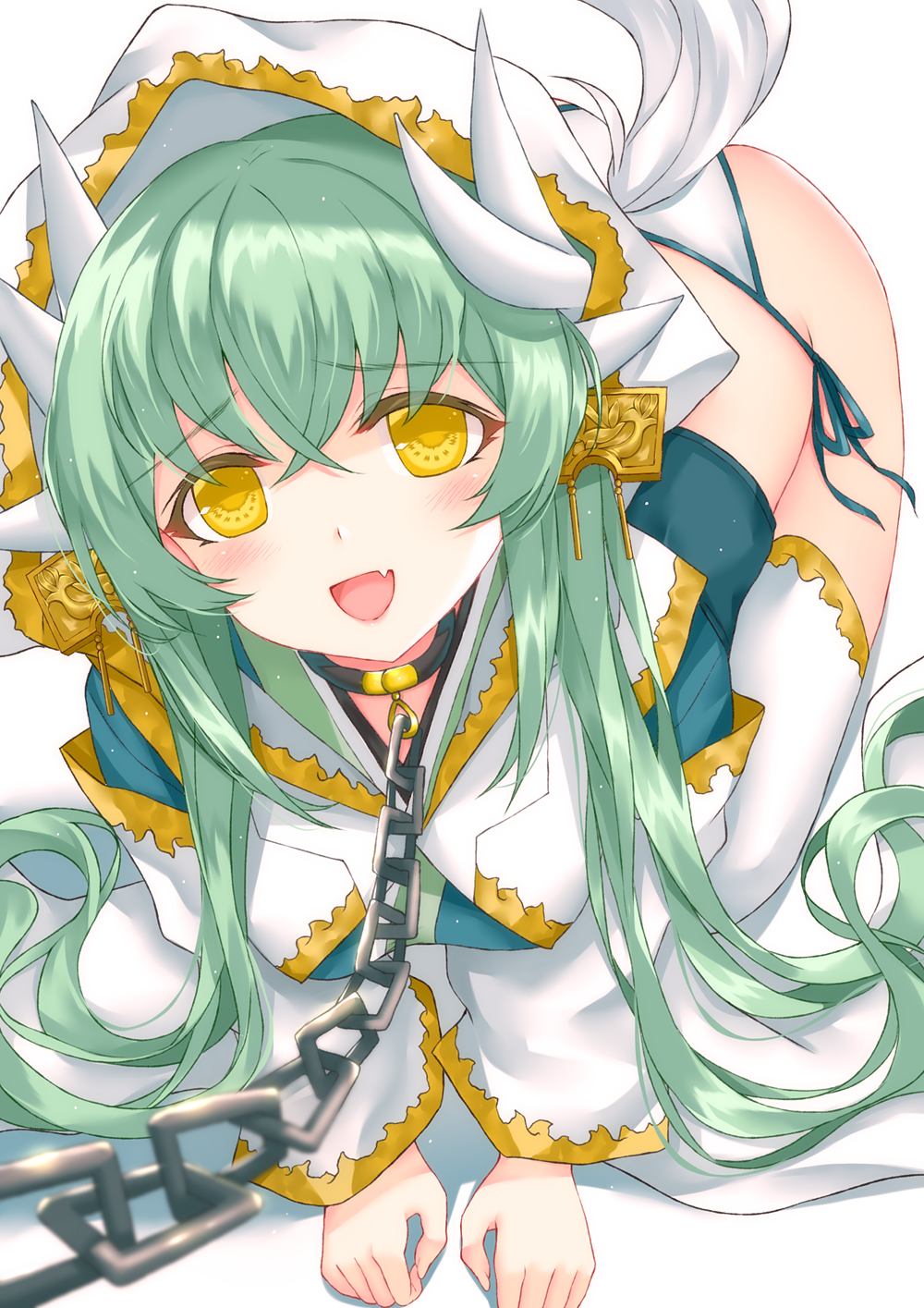 1girl all_fours bangs blush breasts chain collar crossed_bangs dragon_girl dragon_horns fang fate/grand_order fate_(series) green_hair hair_between_eyes hair_ornament highres hood hood_up hooded_robe horns kiyohime_(fate/grand_order) large_breasts long_hair long_sleeves looking_at_viewer morizono_shiki multiple_horns open_mouth simple_background smile solo tail thigh-highs white_background white_bikini_bottom white_legwear white_robe wide_sleeves yellow_eyes